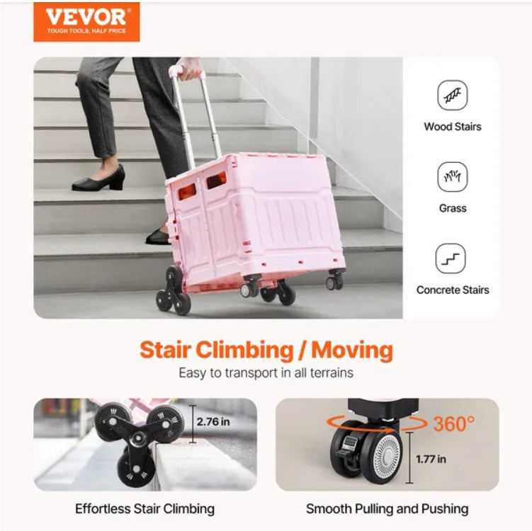 Foldable Cart With Stair Climbing Wheels Collapsible Rolling Crate 65L