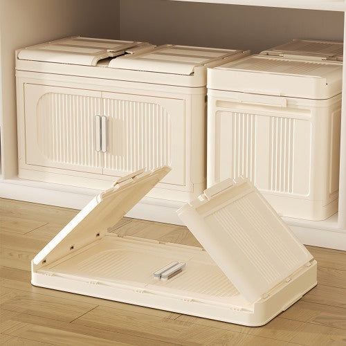 Cream White,19.69 Side Wide Folding Storage Cabinet ,4 Tiers,19.69x11.81x40.55,Collapsible Storage Bins With Magnetic Door, Plastic Storage Cabinet With Wheels