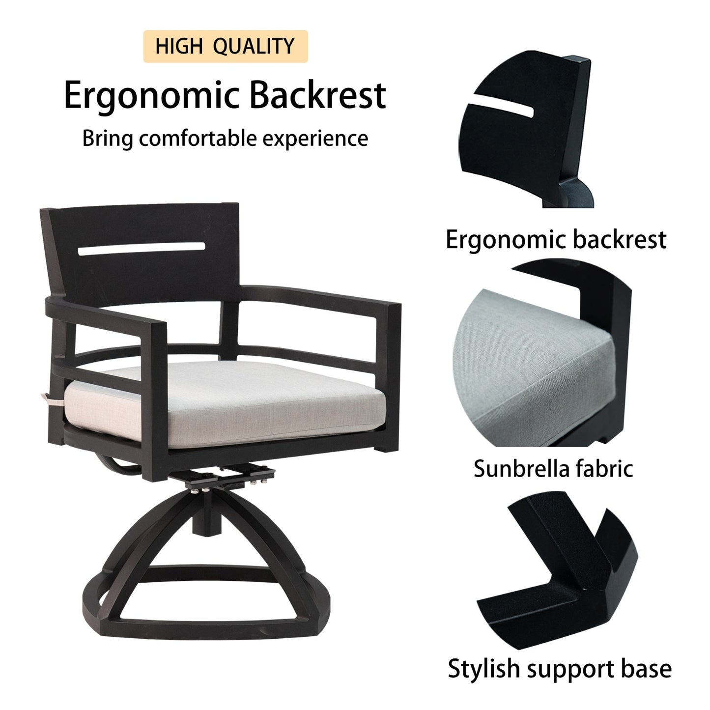 Outdoor Patio Aluminum Swivel Rocker 2PCS With Outdoor-grade Sunbrella Fabric Cushions, Ember Black
