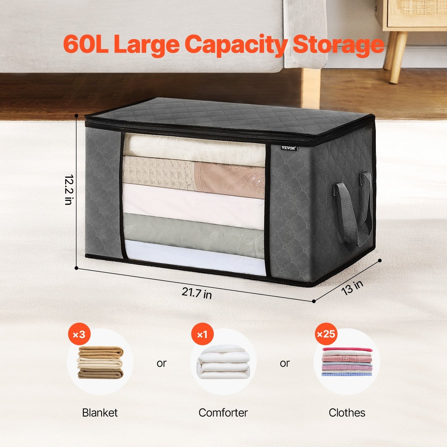 6 Packs 60L Oversized Blanket Storage Bags Sturdy Fabric Clothes Storage Containers For King Comforter Bedding Pillow Sheet, Grey