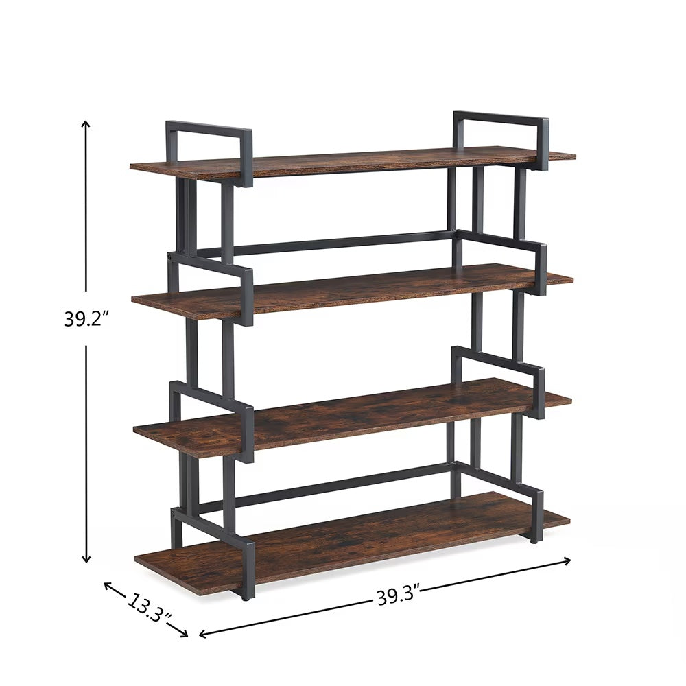 Industrial 4 Tier Bookshelf,Metal And Wood Bookcase,Open Wide Display Storage Bookshelves,for Bedroom,Living Room,Home Office, Easy Assembly