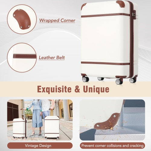 20 IN Hardside Luggage With Cosmetic Case , 2 Piece Lightweight Suitcase Set With Spinner Wheels, Carry On Vintage Luggage,White