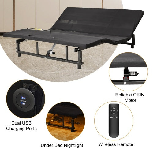 Adjustable Bed Base Frame Queen Bed Frame With Head And Foot Incline Wireless Remote 4 Ports USB, Under-Bed Nightlights, Zero Gravity Quiet Motor Black Queen