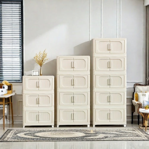 Cream White,19.69 Side Wide Folding Storage Cabinet ,4 Tiers,19.69x11.81x40.55,Collapsible Storage Bins With Magnetic Door, Plastic Storage Cabinet With Wheels
