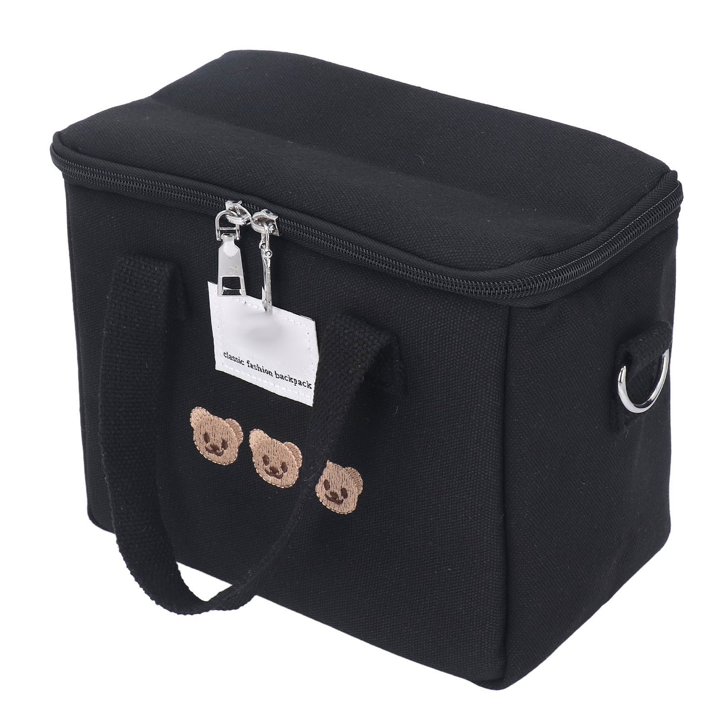 Diaper Shoulder Bag Oxford Cloth Large Capacity Embroidery Bear Pattern Mom Travel Bag with Handle for Baby Bottle Black