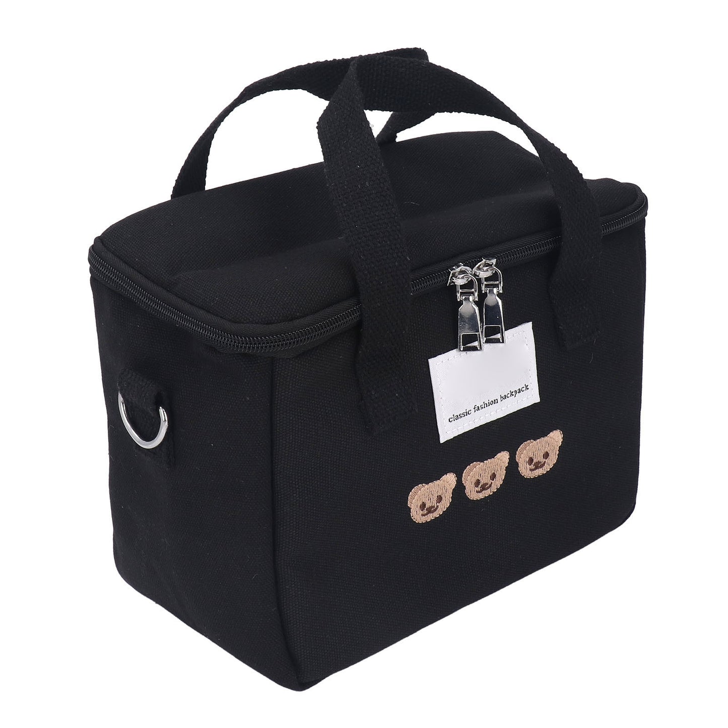 Diaper Shoulder Bag Oxford Cloth Large Capacity Embroidery Bear Pattern Mom Travel Bag with Handle for Baby Bottle Black