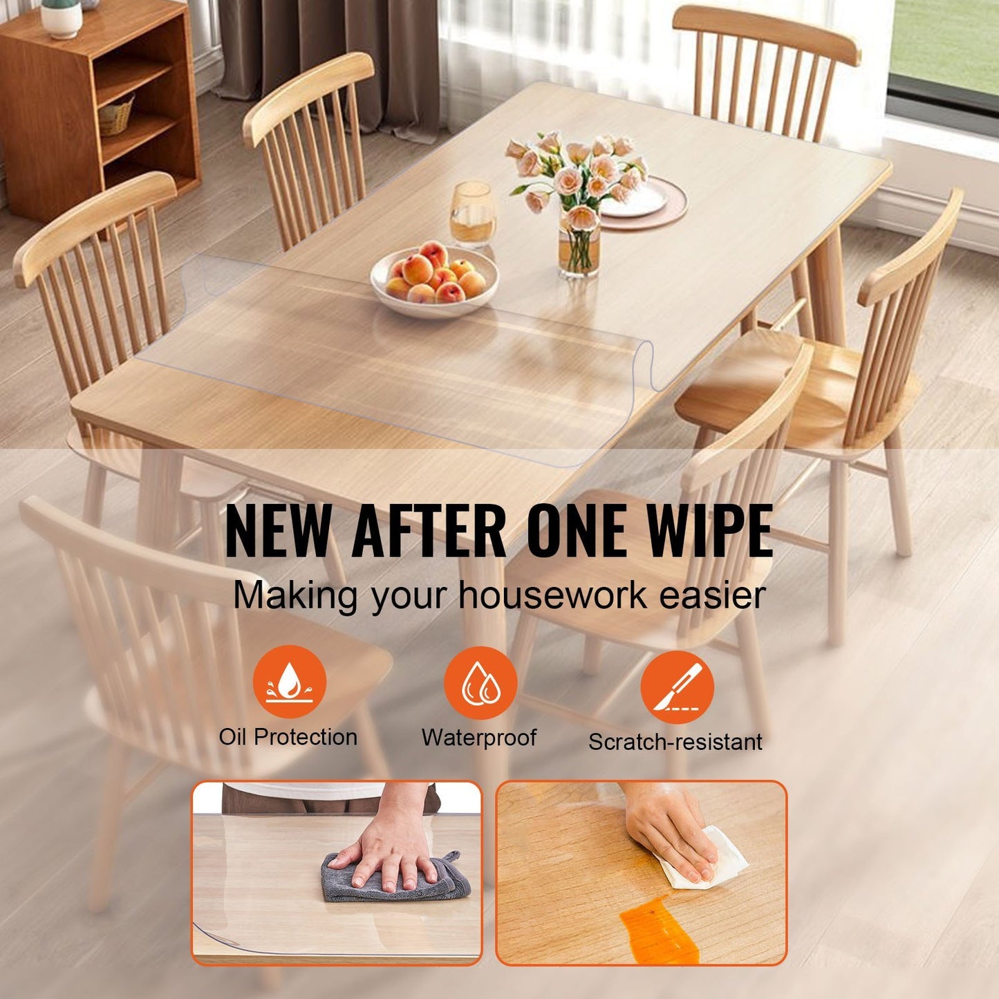 VEVOR Clear Table Cover Protector, Table Cover, 1.5 Mm Thick PVC Plastic Tablecloth, Waterproof Desktop Protector For Writing Desk, Coffee Table, Dining Room Table