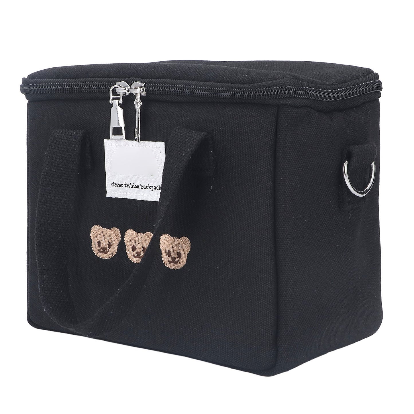 Diaper Shoulder Bag Oxford Cloth Large Capacity Embroidery Bear Pattern Mom Travel Bag with Handle for Baby Bottle Black