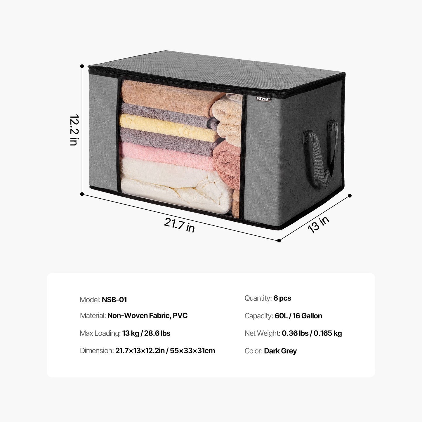 6 Packs 60L Oversized Blanket Storage Bags Sturdy Fabric Clothes Storage Containers For King Comforter Bedding Pillow Sheet, Grey