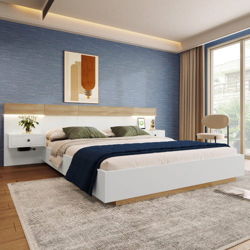 Floating Bed With Headboard In Timber Slatted Frame Size 140X200