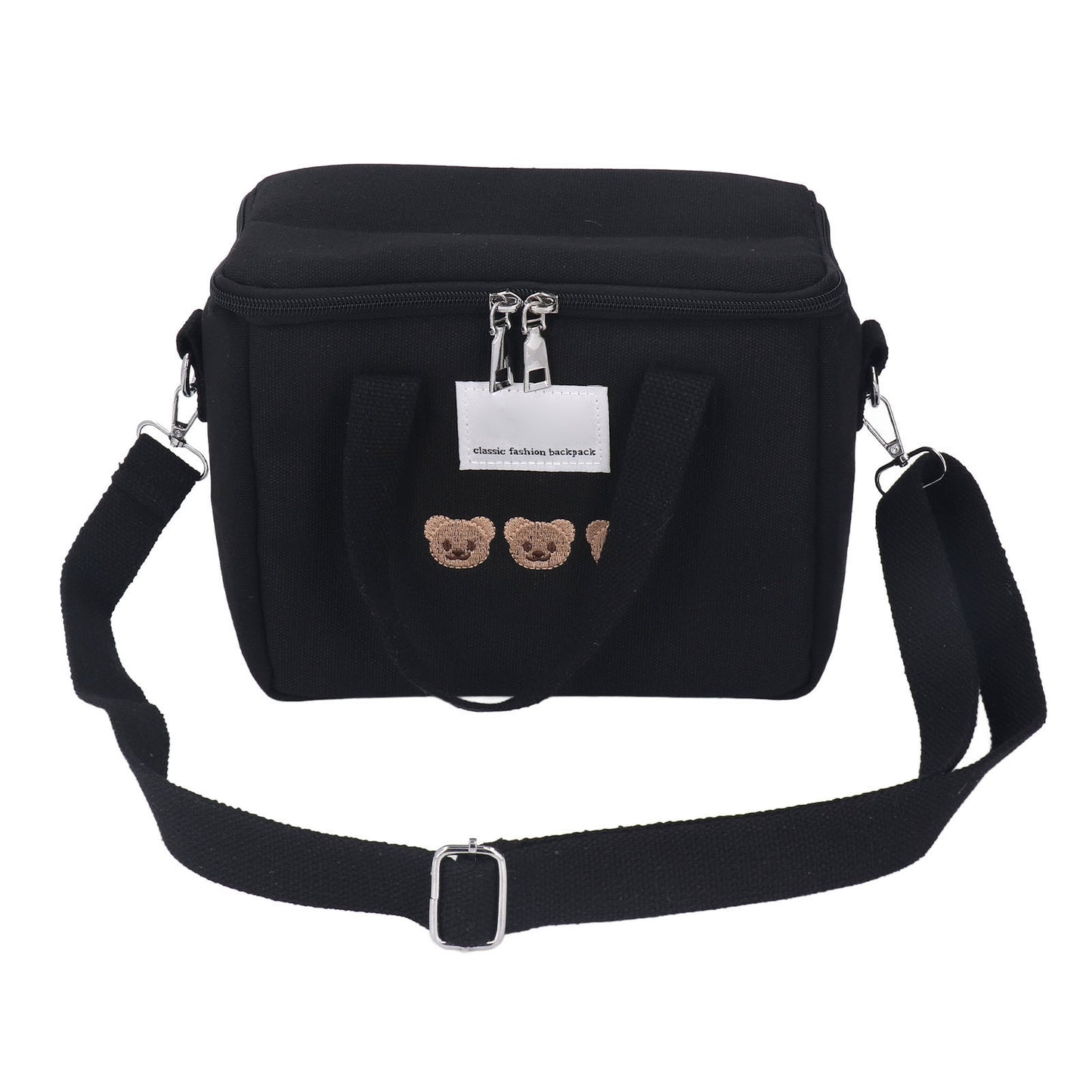 Diaper Shoulder Bag Oxford Cloth Large Capacity Embroidery Bear Pattern Mom Travel Bag with Handle for Baby Bottle Black
