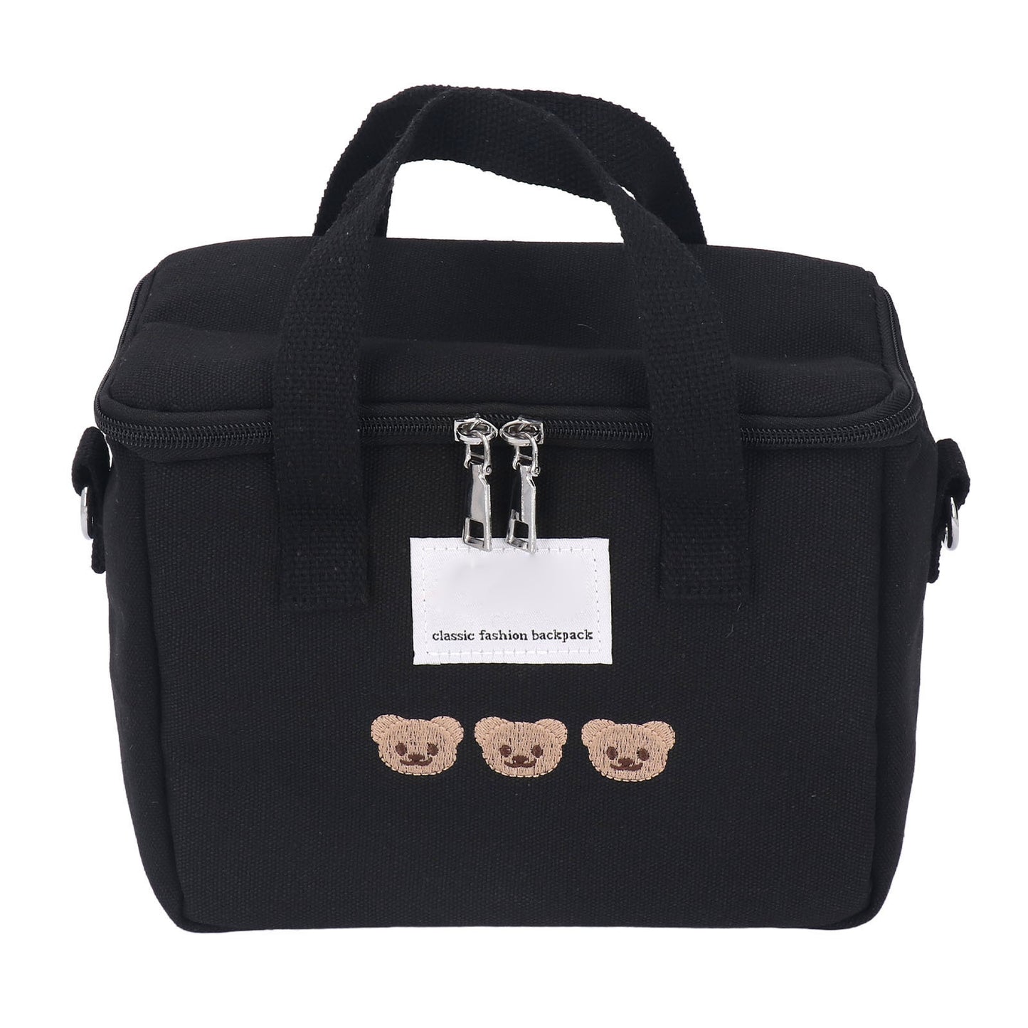 Diaper Shoulder Bag Oxford Cloth Large Capacity Embroidery Bear Pattern Mom Travel Bag with Handle for Baby Bottle Black