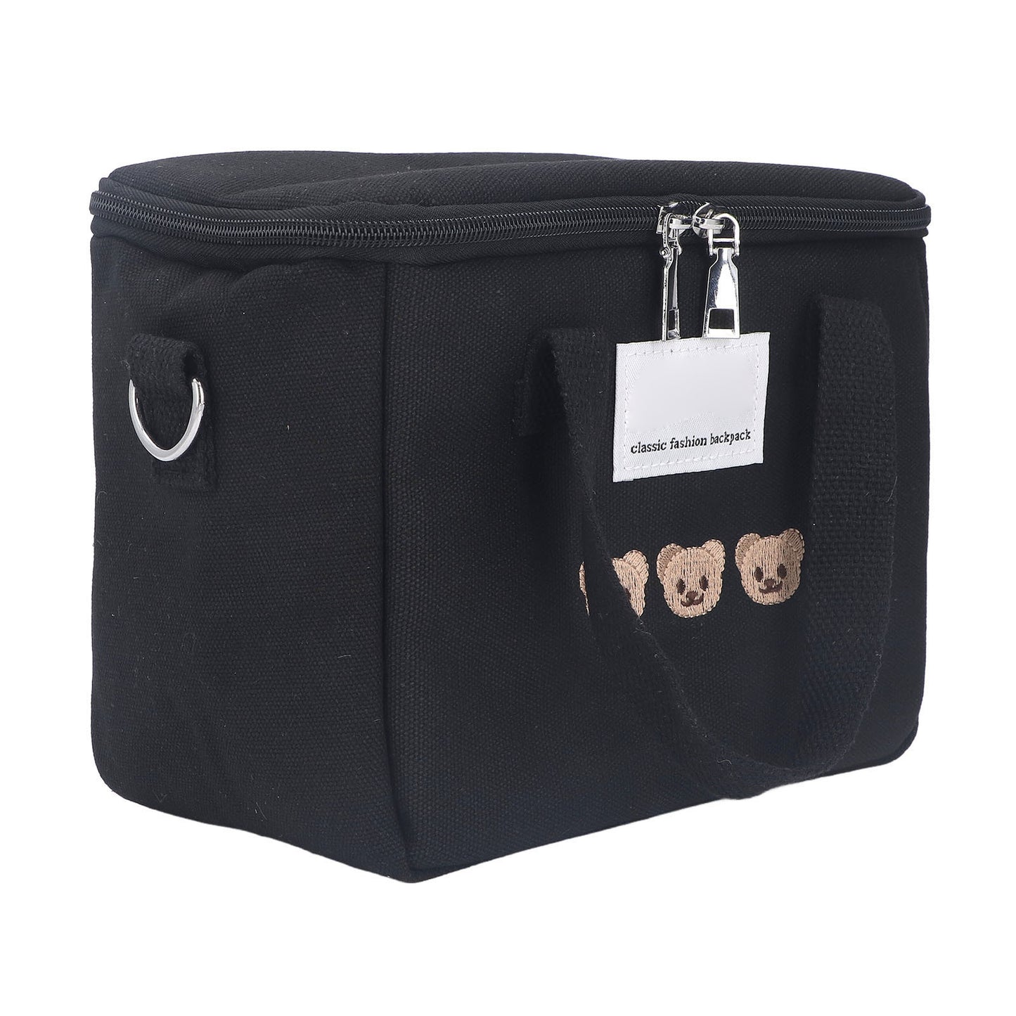 Diaper Shoulder Bag Oxford Cloth Large Capacity Embroidery Bear Pattern Mom Travel Bag with Handle for Baby Bottle Black