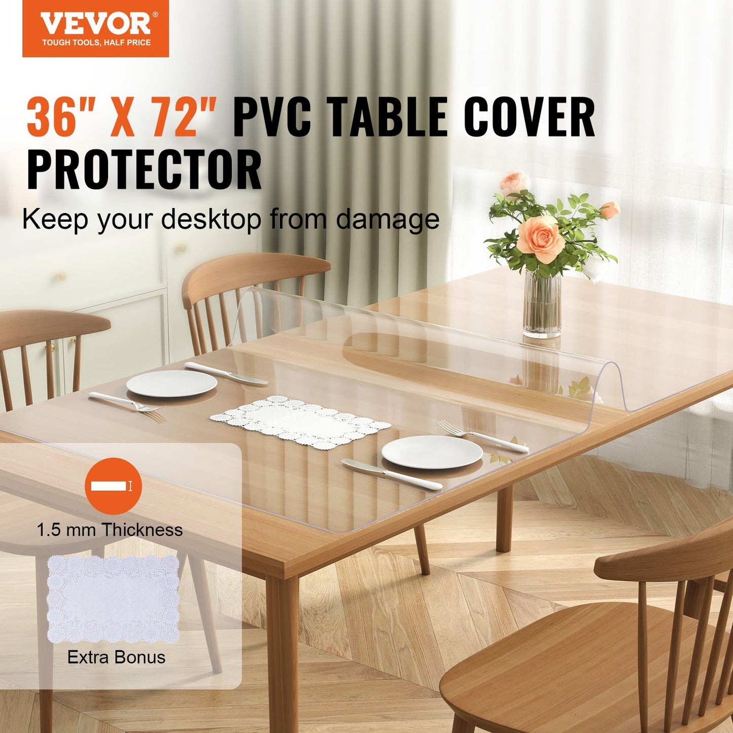 VEVOR Clear Table Cover Protector, Table Cover, 1.5 Mm Thick PVC Plastic Tablecloth, Waterproof Desktop Protector For Writing Desk, Coffee Table, Dining Room Table