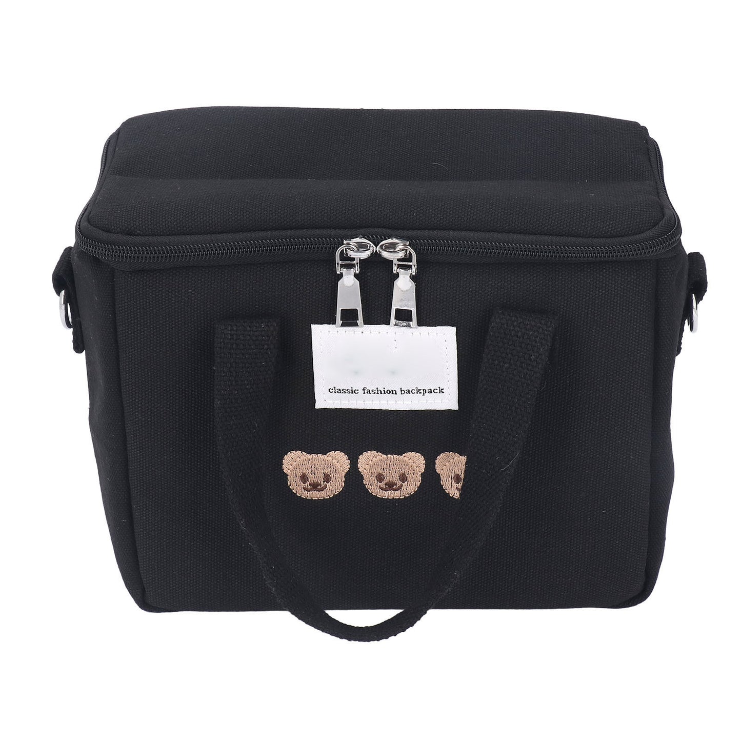 Diaper Shoulder Bag Oxford Cloth Large Capacity Embroidery Bear Pattern Mom Travel Bag with Handle for Baby Bottle Black