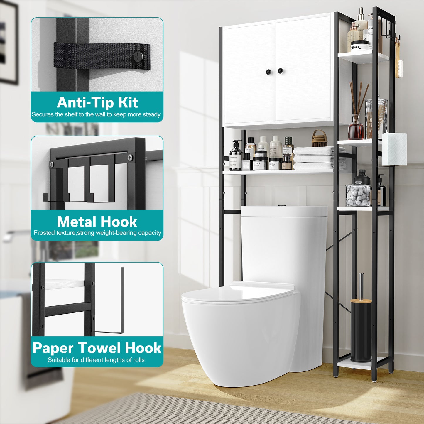 Bathroom Storage Cabinet With 4 Adjustable Side Shelves