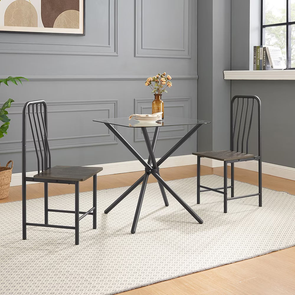 Dining Table Set For 2 People, Square Glass Tempered Dining Table With 4 Legs And 2 Metal Chairs