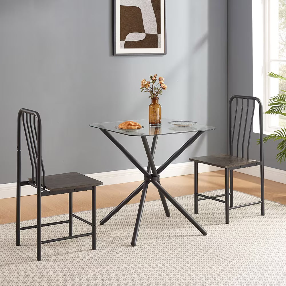 Dining Table Set For 2 People, Square Glass Tempered Dining Table With 4 Legs And 2 Metal Chairs
