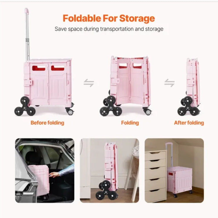 Foldable Cart With Stair Climbing Wheels Collapsible Rolling Crate 65L