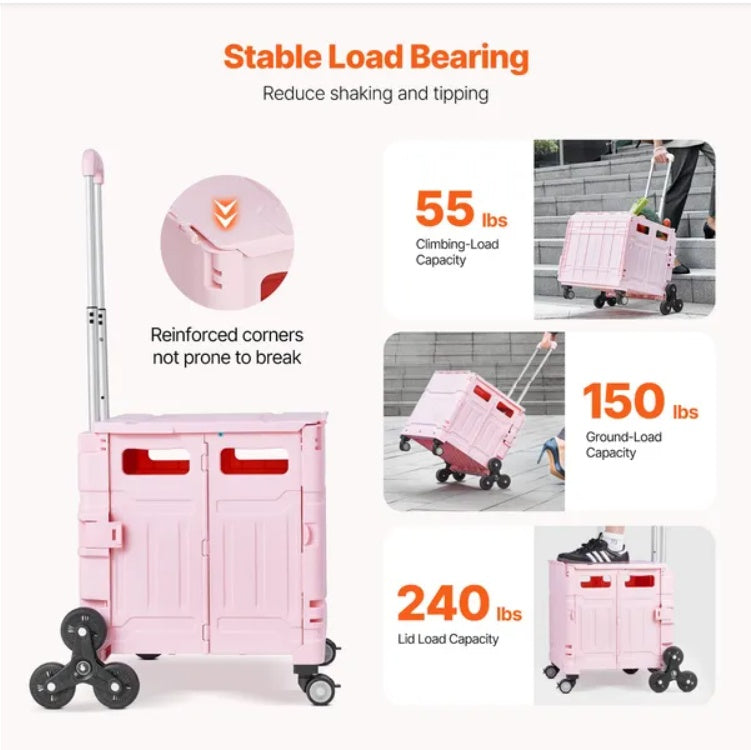 Foldable Cart With Stair Climbing Wheels Collapsible Rolling Crate 65L