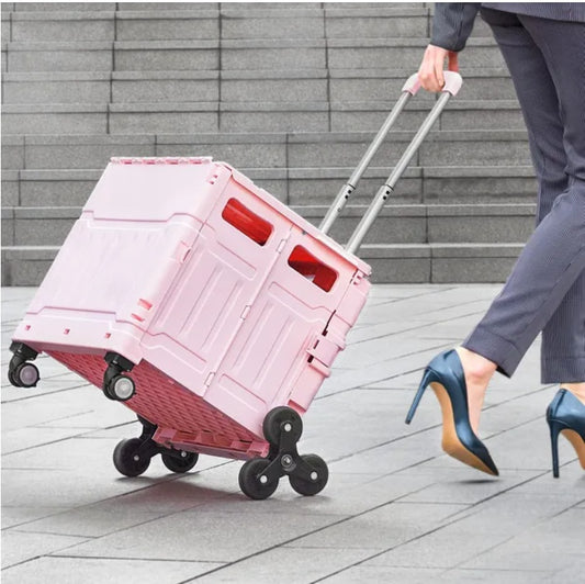 Foldable Cart With Stair Climbing Wheels Collapsible Rolling Crate 65L