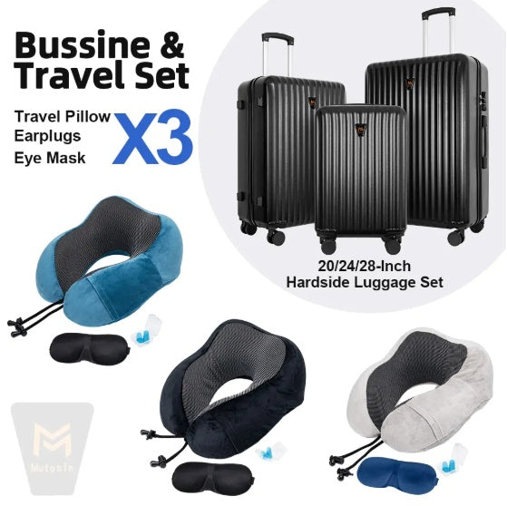 3pcs Luggage Set   Lightweight Hard Shell Suitcase Set With Double Spinner Wheels, Large Capacity, Includes 3pc U-Shaped Travel Pillow Set, Perfect For Business  Family Trips