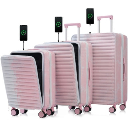 Luggage 3Piece Sets, 20  24 With Front Pocket,Hard Shell Luggage Carry On Luggage Set With TSA Lock Usb Interface, Universal Wheel,cup Holder