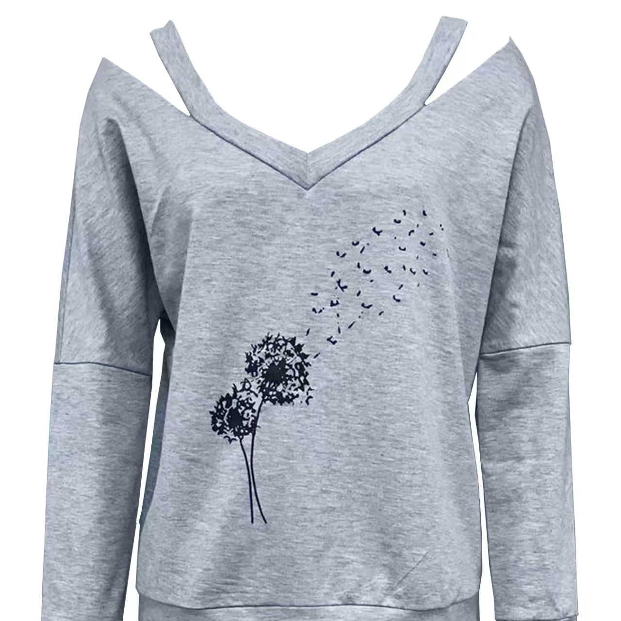 Women's V-neck Off Shoulder Printed Casual Clothing Shirt Long Sleeved Top