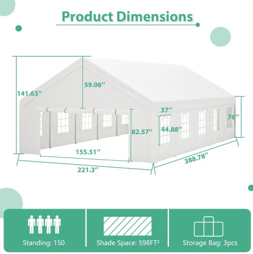 20x32FT Party Tent Heavy Duty, Large Wedding Event Shelters With 3 Storage Bags & Removable Sidewalls, Outdoor Canopy Gazebo Commercial Tents For Parties Carport Camping Garden Patio