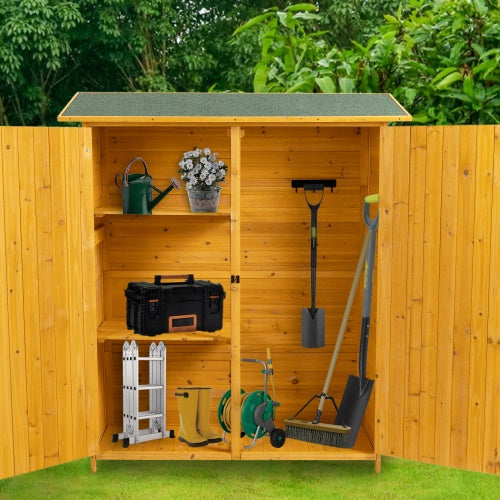 56L X 19.5W X 64H Outdoor Storage Shed With Lockable Door, Wooden Tool Storage Shed W Detachable Shelves  Pitch Roof, Natural
