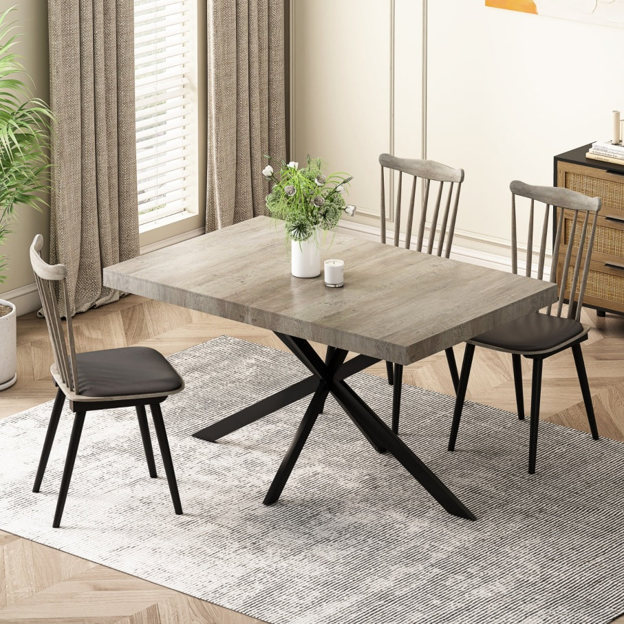 55.11-70.86 Retro Rectangular Stretch Dining Table, Grey Carole Top With Black Embossed Center Pl