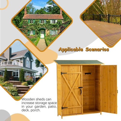56L X 19.5W X 64H Outdoor Storage Shed With Lockable Door, Wooden Tool Storage Shed W Detachable Shelves  Pitch Roof, Natural