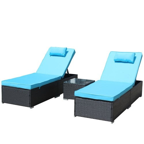 3-Piece Outdoor Patio Furniture Set Chaise Lounge, Patio Reclining Rattan Lounge Chair Chaise Couch Cushioned With Glass Coffee Table, Adjustable Back And Feet, Lounger Chair For Pool Garden, Blue