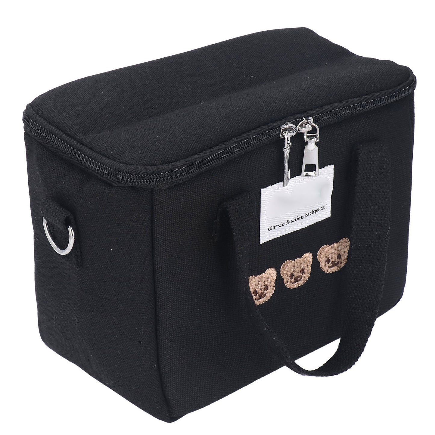 Diaper Shoulder Bag Oxford Cloth Large Capacity Embroidery Bear Pattern Mom Travel Bag with Handle for Baby Bottle Black
