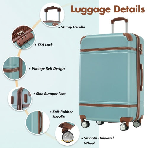 Hardshell Luggage Sets With Bags Lightweight Suitcase Double Spinner Wheels With TSA Lock ,Single Vintage Luggage 24 IN,Green