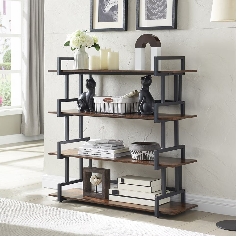 Industrial 4 Tier Bookshelf,Metal And Wood Bookcase,Open Wide Display Storage Bookshelves,for Bedroom,Living Room,Home Office, Easy Assembly