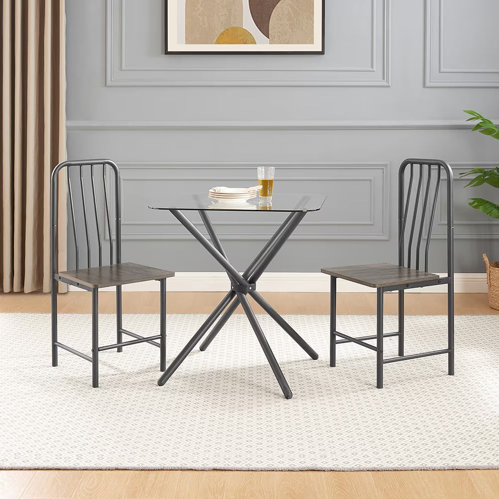 Dining Table Set For 2 People, Square Glass Tempered Dining Table With 4 Legs And 2 Metal Chairs