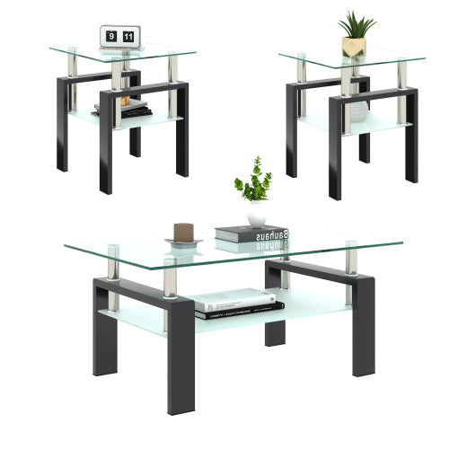 Set Of 2, Modern Tempered Glass Tea Table Coffee Table End Table, Square Table For Living Room, Transparent Black