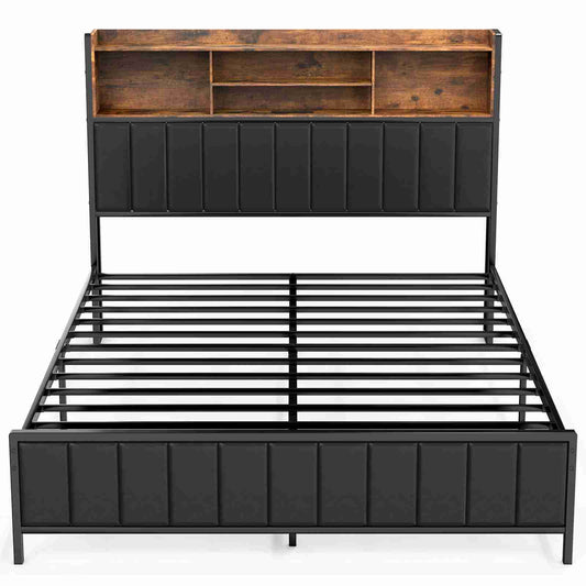81.5 X 53.9 X 49.6in Platform Bed Frame With Storage Shelves Headboard LED Light Easy Assembly Metal Bed Frame