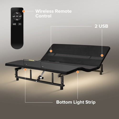 Adjustable Bed Base Frame Queen Bed Frame With Head And Foot Incline Wireless Remote 4 Ports USB, Under-Bed Nightlights, Zero Gravity Quiet Motor Black Queen