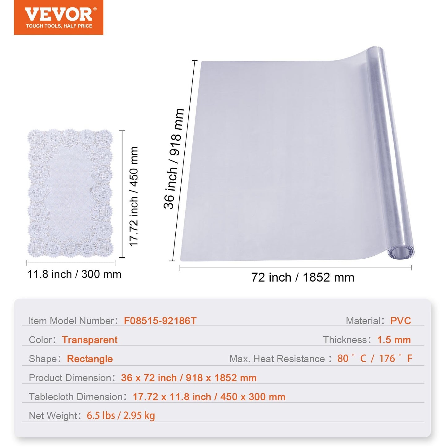 VEVOR Clear Table Cover Protector, Table Cover, 1.5 Mm Thick PVC Plastic Tablecloth, Waterproof Desktop Protector For Writing Desk, Coffee Table, Dining Room Table