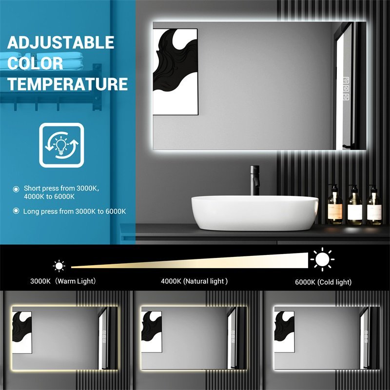 LED Bathroom Mirror Bright Backlight, 5 Mins Defog, Full HD Reflected Wall Mounted Vanity Mirror, 3 Colors Stepless Dimmable, CRI90, Memory Function, Anti-Fog