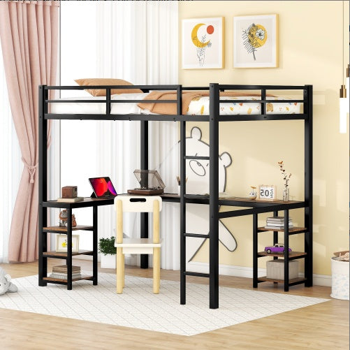 Full Metal Loft Bed With Desk And Shelves, Loft Bed With Ladder And Guardrails, Loft Bed Frame For Bedroom, Black With Vintage Wood-colored Desk