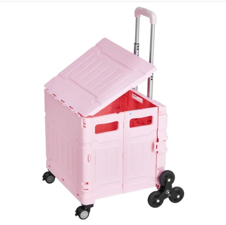Foldable Cart With Stair Climbing Wheels Collapsible Rolling Crate 65L