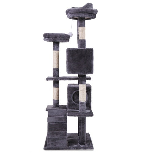 Cat Tree Cat Tower With Catching Ball, Plush Mat, Ladder And Indoor Cat Apartment, Gray