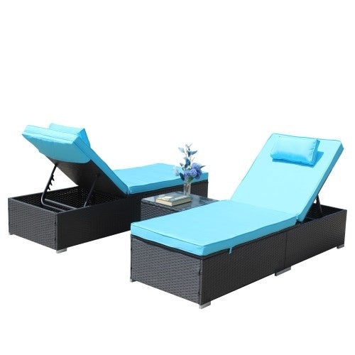 3-Piece Outdoor Patio Furniture Set Chaise Lounge, Patio Reclining Rattan Lounge Chair Chaise Couch Cushioned With Glass Coffee Table, Adjustable Back And Feet, Lounger Chair For Pool Garden, Blue