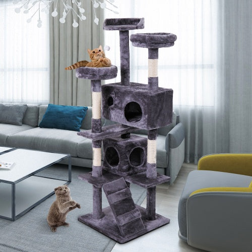 Cat Tree Cat Tower With Catching Ball, Plush Mat, Ladder And Indoor Cat Apartment, Gray