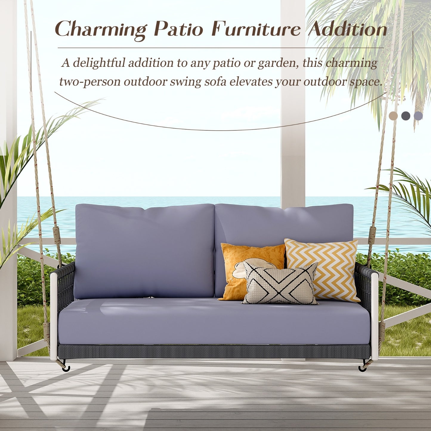 TREXM 1-Piece Woven Rope Outdoor Swing Sofa With Soft Cushions Seating 2 For Patio, Courtyard And Ba