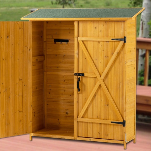56L X 19.5W X 64H Outdoor Storage Shed With Lockable Door, Wooden Tool Storage Shed W Detachable Shelves  Pitch Roof, Natural