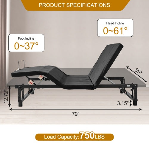 Adjustable Bed Base Frame Queen Bed Frame With Head And Foot Incline Wireless Remote 4 Ports USB, Under-Bed Nightlights, Zero Gravity Quiet Motor Black Queen
